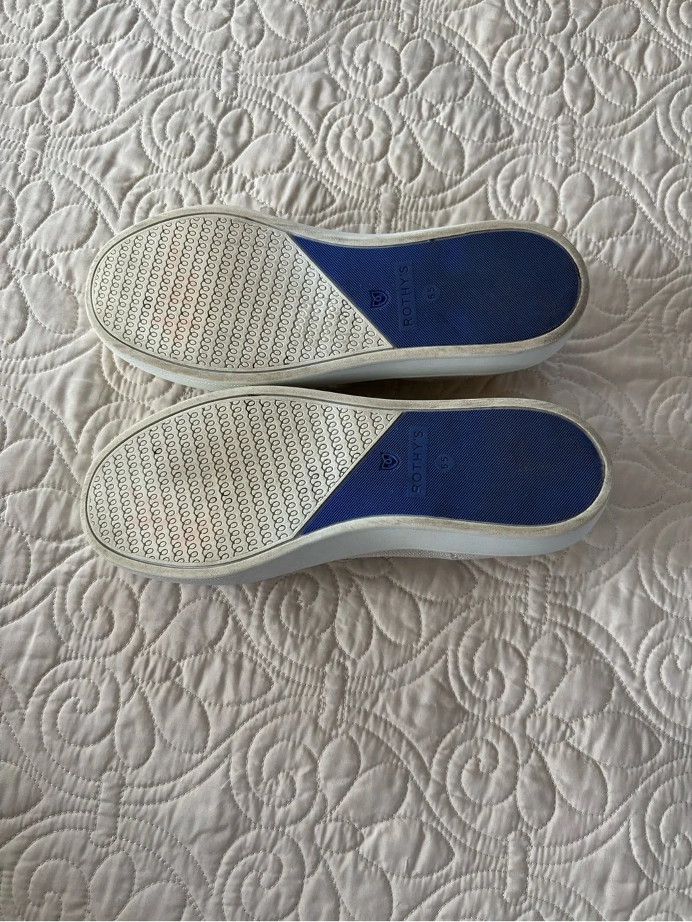 Rothy's Women's Slip-On Flats in Linen with Blue Trim